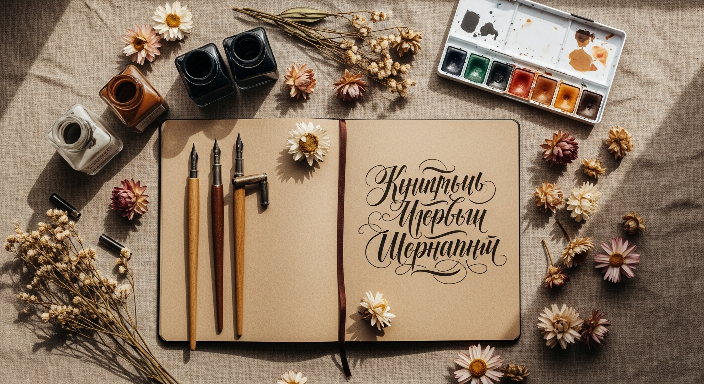 Рабочее место леттеринг-художника: перья, чернила, бумага и каллиграфия